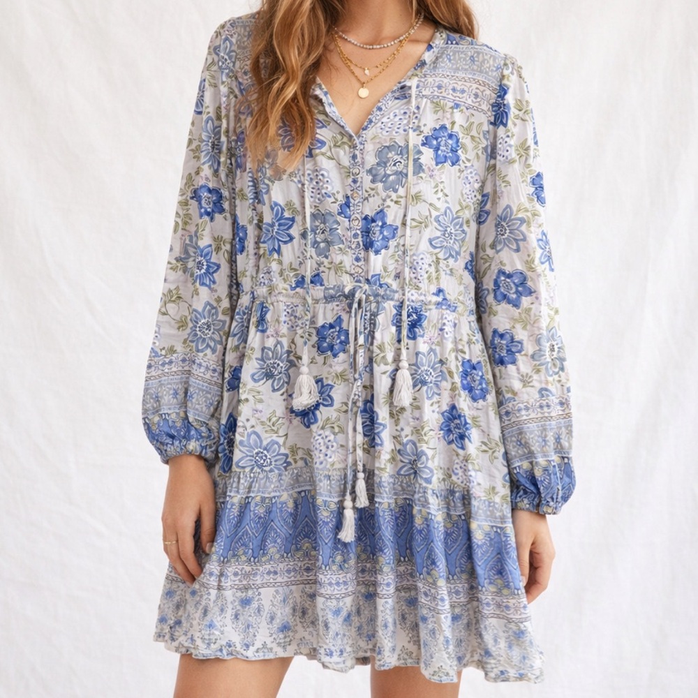 Peasant Babydoll LUCKY BRAND Blue Floral Print Tie Waist Rayon Tiered Mini Dress
